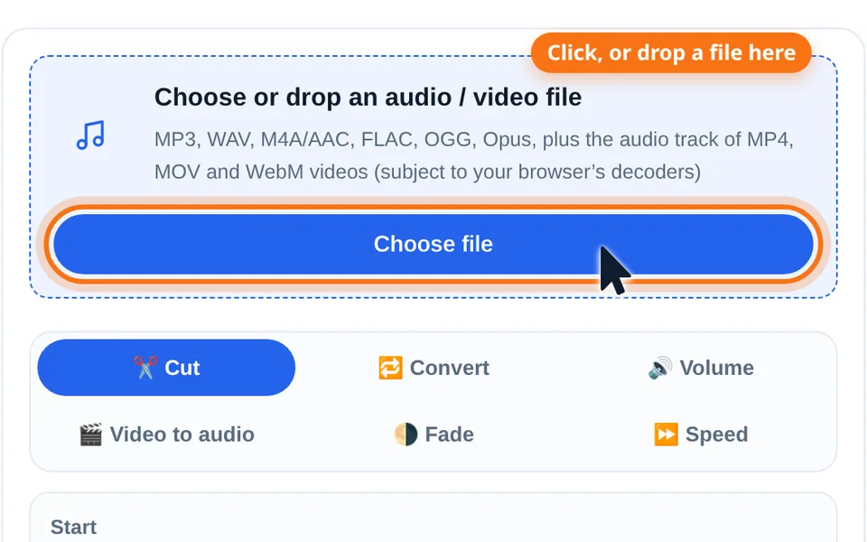 Screenshot of the online audio tool: click the "Choose file" button or drop an audio file into the dashed area