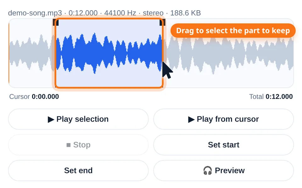 Screenshot: dragging across the audio waveform to select roughly 0:02–0:06, with handles on both edges