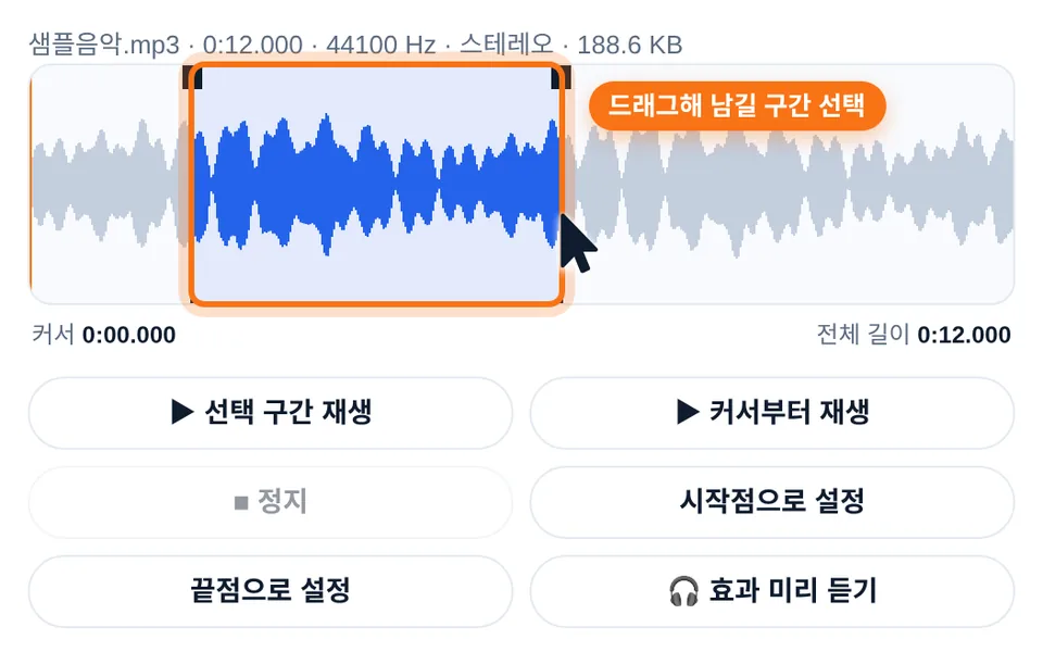 화면: 오디오 파형에서 약 0:02~0:06 구간을 드래그해 선택, 양 끝에 핸들 표시