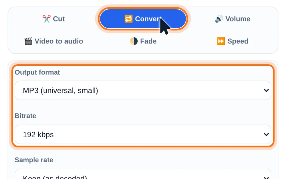 Screenshot: the Convert tab with MP3 selected as output format and 192 kbps bitrate