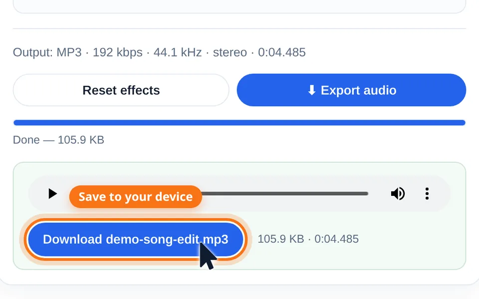 Screenshot: after clicking "Export audio" the MP3 is ready to preview, with a download button to save it