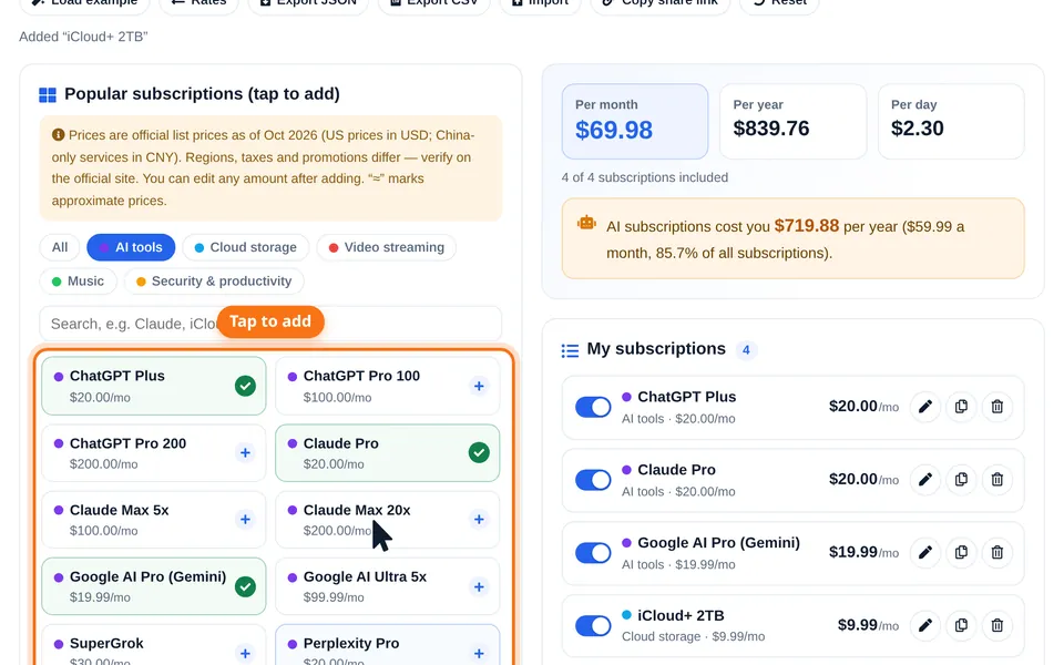 Popular subscriptions panel filtered to AI tools, with presets being added