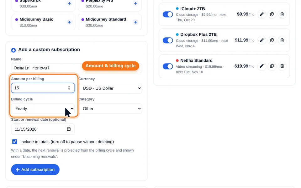 Custom subscription form with name, amount, currency, billing cycle and renewal date