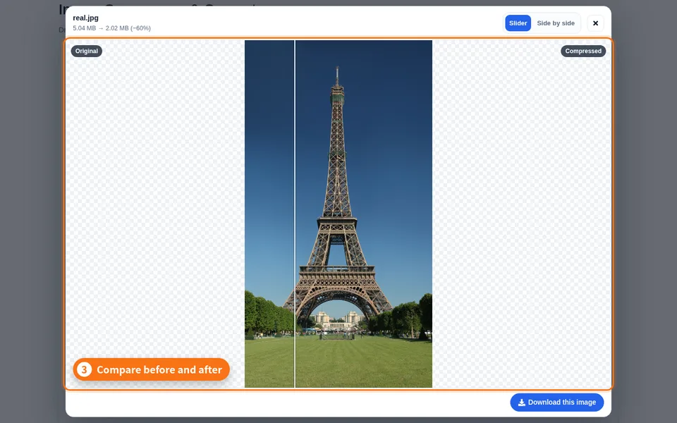 Before/after comparison window with a slider between original and compressed image