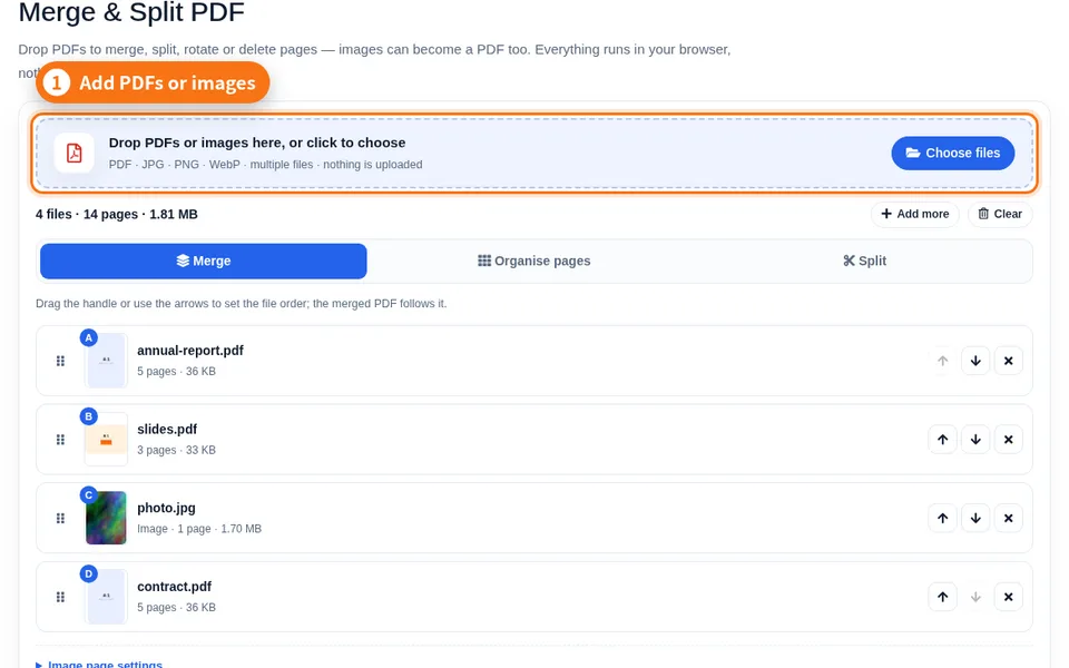List of three added PDFs with thumbnails, page counts and sizes