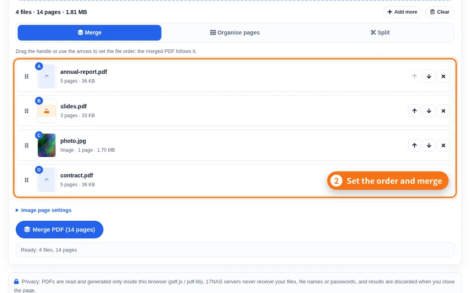 Merge tab: file cards with drag handles and arrows, merge button below