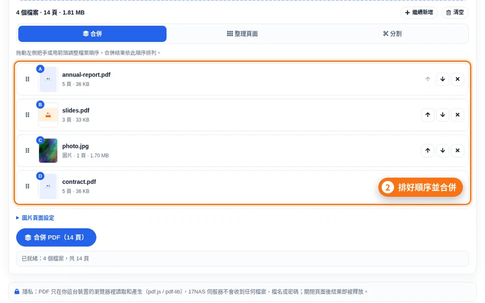 合併分頁：檔案卡片帶拖曳把手和上下箭頭，下方是合併按鈕