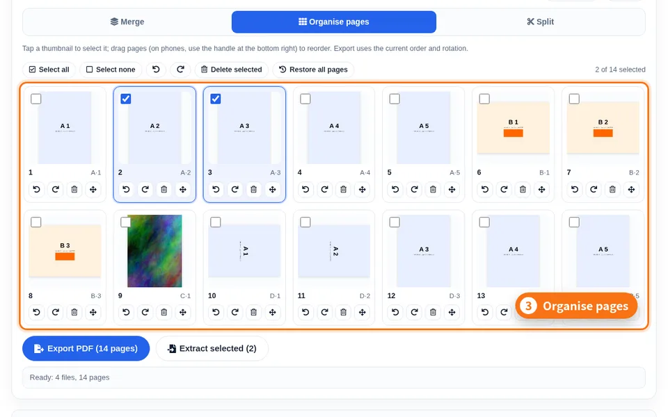 Page thumbnail grid with some pages selected and rotated