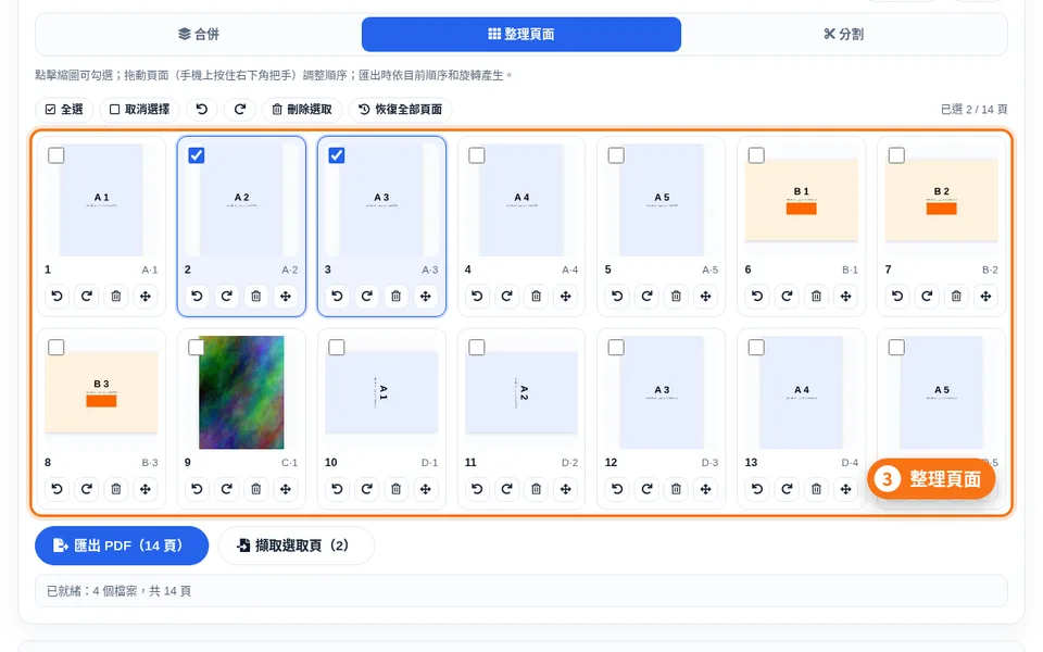 頁面縮圖網格，部分頁面已勾選並旋轉