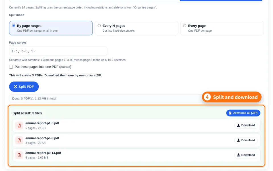 Split tab: page-range input, preview text and the list of split files