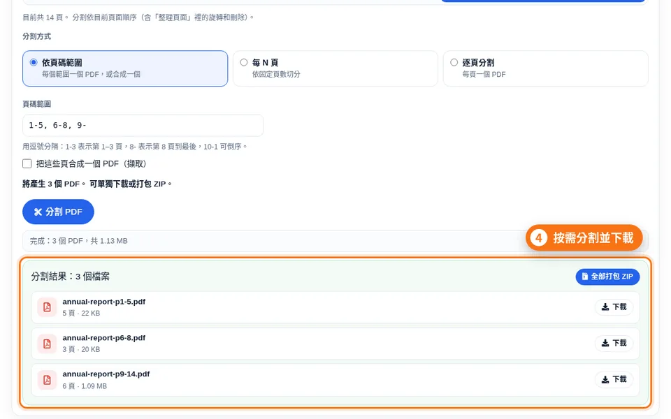 分割分頁：頁碼範圍輸入框、預覽文字和分割結果列表