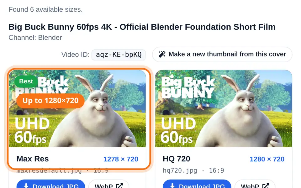Thumbnail results with the 1280×720 version tagged as best