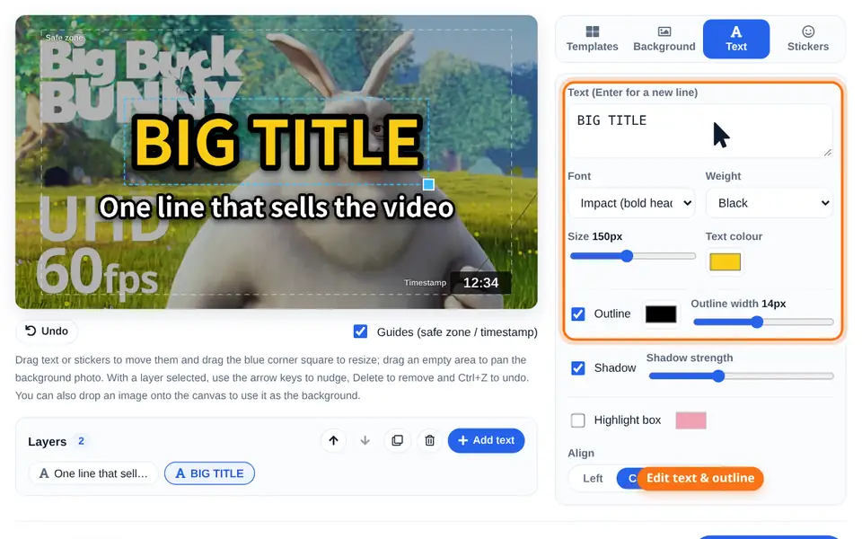 Editing the title and outline in the Text panel