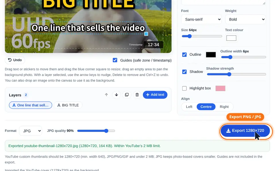 Exporting a 1280×720 image with the file size shown